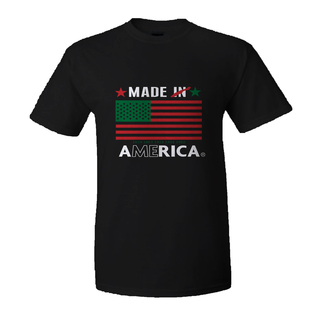 A spin off of the traditional "made in America" stamp used for many years. In recognition of the (#ADOS #FBA) Enslaved African and Indigenous peoples that were the foundation of building America.  8 oz polyester sublimated design tee.