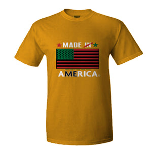 A spin off of the traditional "made in America" stamp used for many years. In recognition of the (#ADOS #FBA) Enslaved African and Indigenous peoples that were the foundation of building America. A gold 8 oz polyester sublimated design tee.