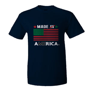 A spin off of the traditional "made in America" stamp used for many years. In recognition of the (#ADOS #FBA) Enslaved African and Indigenous peoples that were the foundation of building America. A navy  8 oz polyester sublimated design tee.