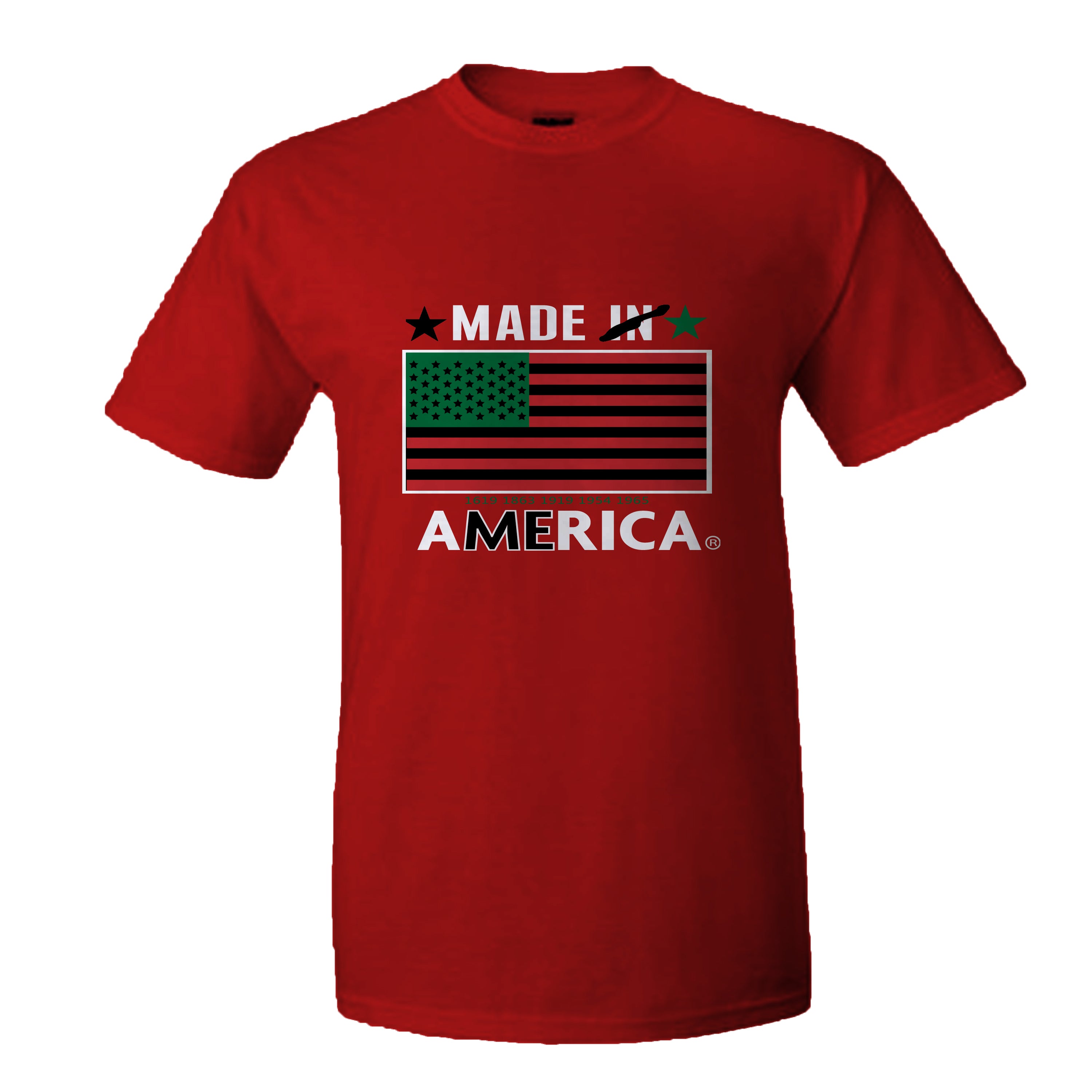 A spin off of the traditional "made in America" stamp used for many years. In recognition of the (#ADOS #FBA) Enslaved African and Indigenous peoples that were the foundation of building America. A Red  8 oz polyester sublimated design tee.