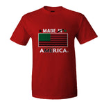 A spin off of the traditional "made in America" stamp used for many years. In recognition of the (#ADOS #FBA) Enslaved African and Indigenous peoples that were the foundation of building America. A Red  8 oz polyester sublimated design tee.
