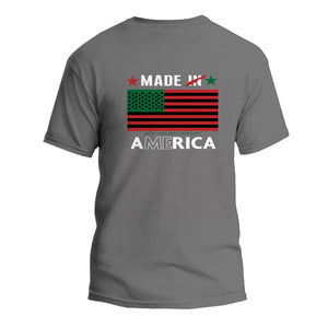 A spin off of the traditional "made in America" stamp used for many years. In recognition of the (#ADOS #FBA) Enslaved African and Indigenous peoples that were the foundation of building America. A gold 8 oz polyester sublimated design tee.
